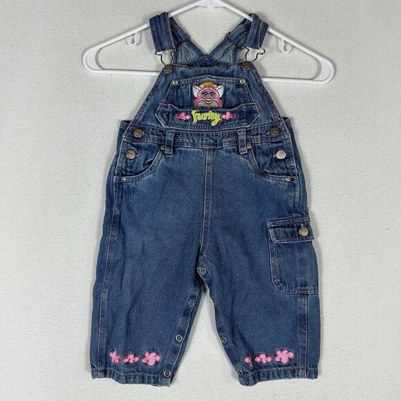 Vintage 90s Y2k Furby Denim Overalls Kids 18M 18 Months Jeans Outfit Romper Baby - Picture 1 of 11